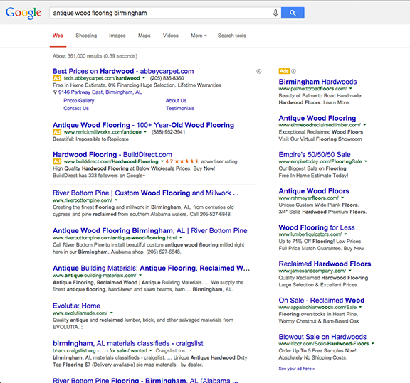 Google Search for Antique Wood Flooring Birmingham - River Bottom Pine is the first business listed.